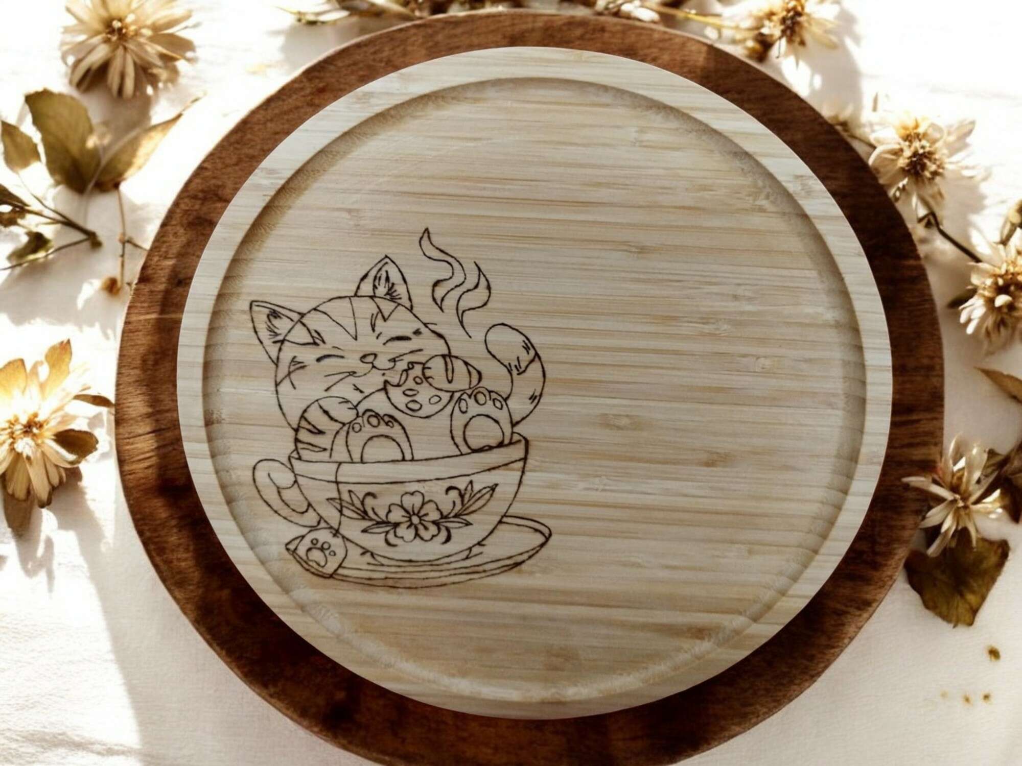 Plateau Rond Bambou Chat dans une tasse