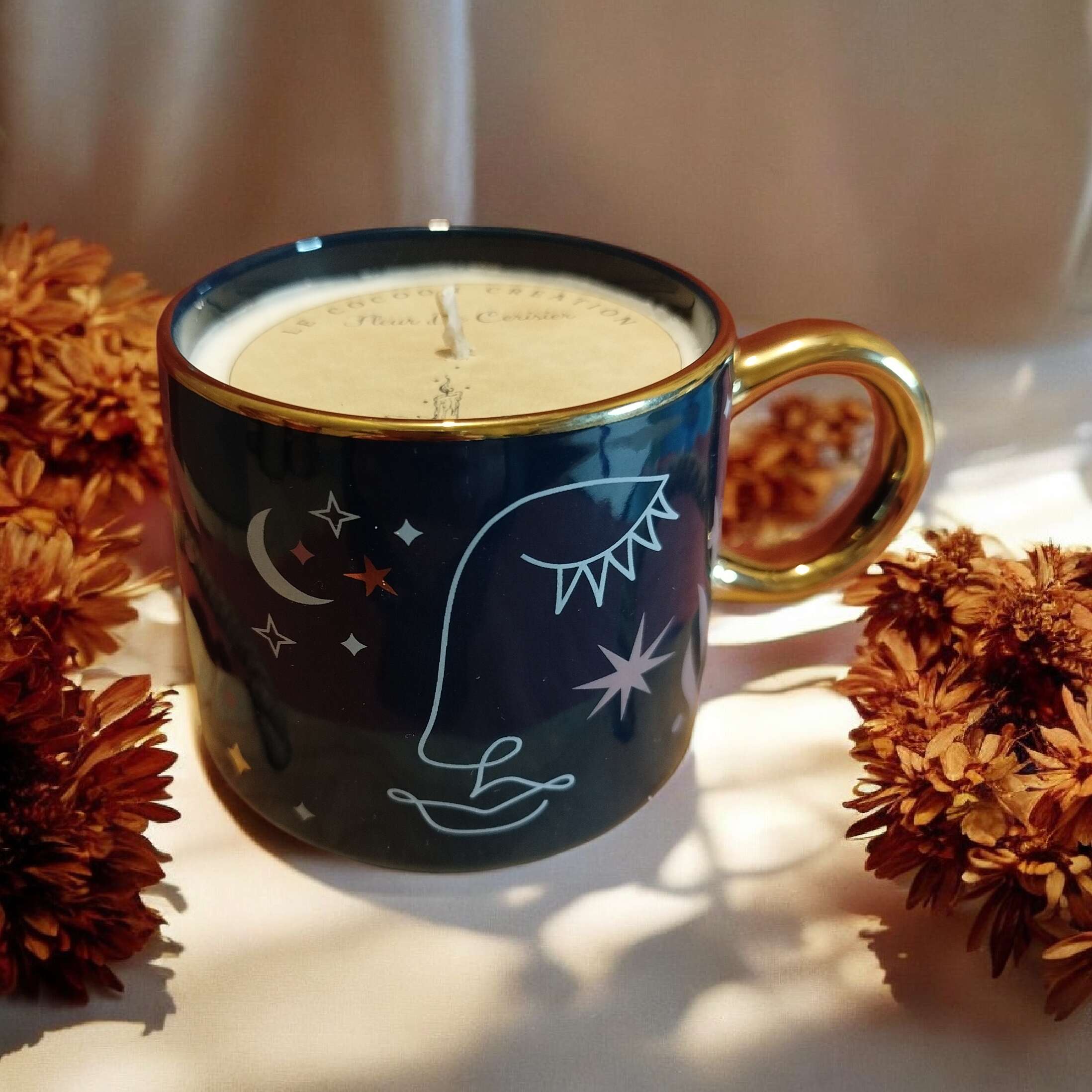 Bougie Tasse Bleu nuit Bohème Fleur de Cerisier